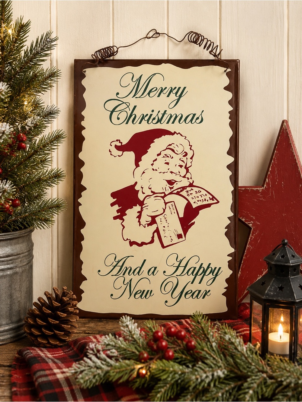 Vintage-Style Merry Christmas Wall Sign - Cream & Red